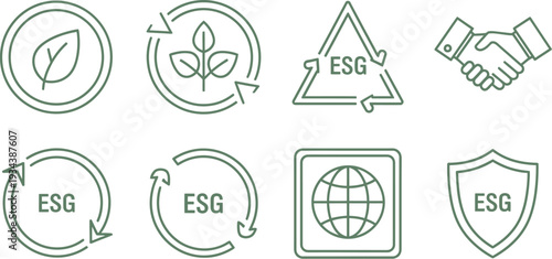 Set of green line icons representing environmental social governance concepts and business.
