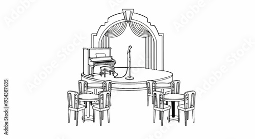 Stage setup with piano, microphone, and audience seating