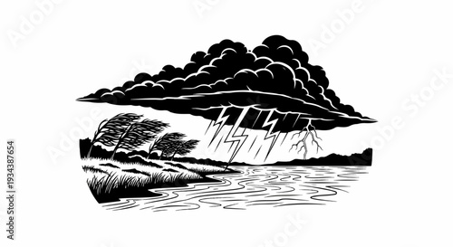 Stormy weather with lightning striking a body of water and windswept vegetation