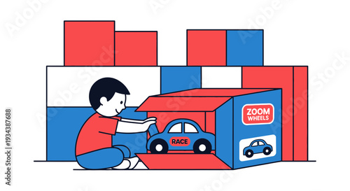 Boy Unboxing Toy Car from Cardboard Box, Playing with Vehicle