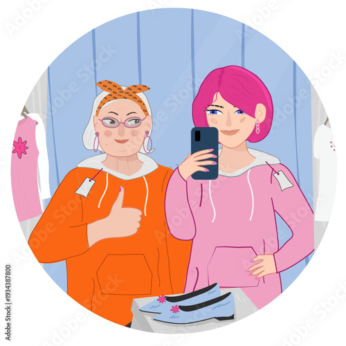 Woman dressing and trying on clothes, flat cartoon vector illustration isolated on white background.