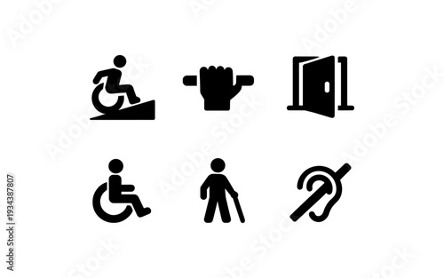 Collection of accessibility icons for disabled people, including wheelchair ramp, handrail, and hearing impaired symbols