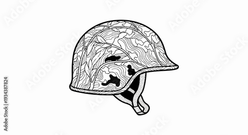 Stylized military helmet with abstract, flowing line art pattern
