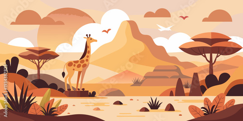 A serene african savanna landscape featuring a tall giraffe