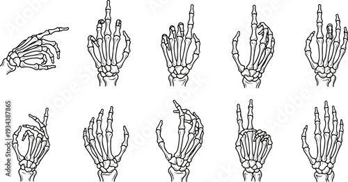 Ten distinct skeleton hand poses, various gestures illustrated