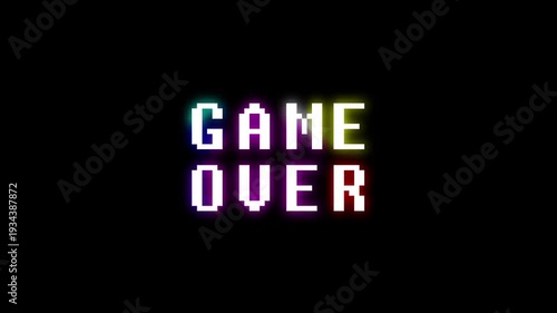 Game over text animation _ glitch style. Pixelated 'GAME OVER' text with a vibrant neon gradient effect on a dark black background, reminiscent of retro video games. 