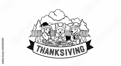 Three dogs wearing hats sit at a table laden with food, celebrating