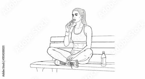 Woman in athletic wear sits cross-legged on a bench, eating a snack
