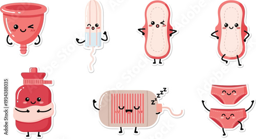 Cute cartoon feminine hygiene products characters are isolated on a white background for.