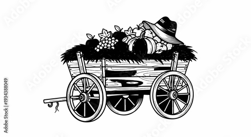 Wooden cart overflowing with produce and topped with a hat