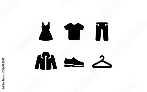 Collection of simple black icons representing various clothing items and accessories