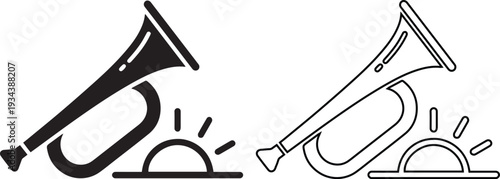 vector icon set features a military bugle or trumpet with a morning sunrise, illustrating a wake-up call or reveille in both black silhouette and line outline styles.