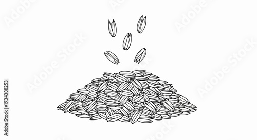 Outline drawing of a pile of seeds falling from above