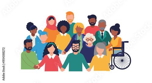 Diverse Group of People Holding Hands Representing Unity, Inclusion, and Community. Multicultural Crowd with Different Ages and Abilities.