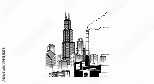 Industrial cityscape featuring tall buildings, a factory smokestack, and a streetcar