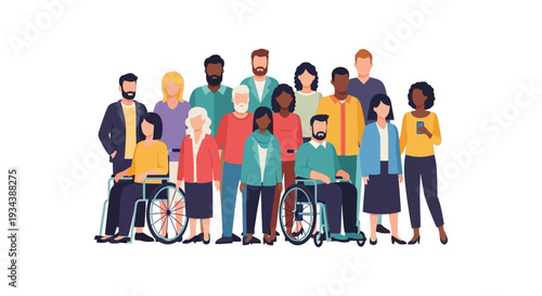 Diverse & Inclusive Community: Multi-Ethnic Group of Men, Women, Seniors, and Individuals with Disabilities - Vector Illustration