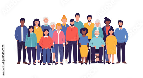 Diverse Group of People Flat Design Illustration with Wheelchairs - Inclusion, Community, and Unity Across Ages and Backgrounds