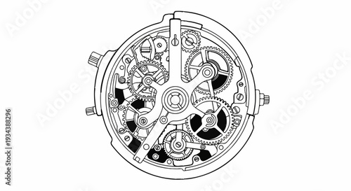 Intricate watch movement gears mechanism, black and white line drawing