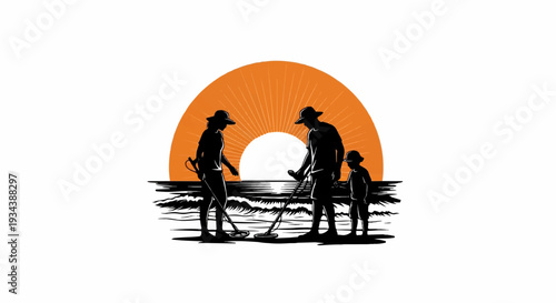 Family metal detecting on beach at sunset, searching for treasures