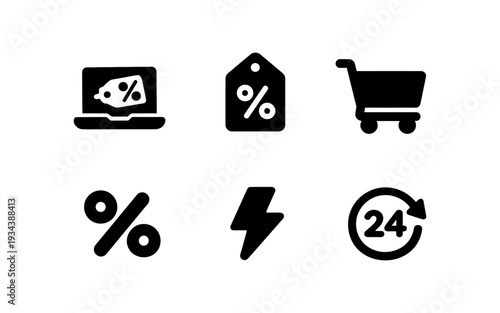 Collection of e-commerce and sale icons including laptop, tag, cart, percent, lightning, and 24-hour service