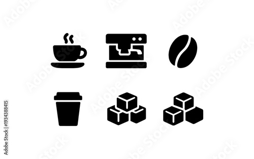 Collection of simple black icons representing coffee and related items on a white background