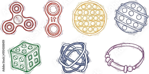 Collection of handheld stress relief fidget toys displays various shapes and textures in.