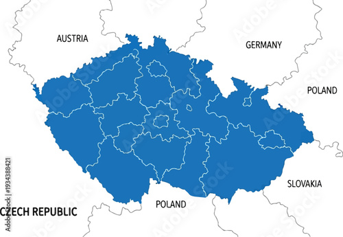 Map of a blue region divided into smaller sections, bordering neighboring countries