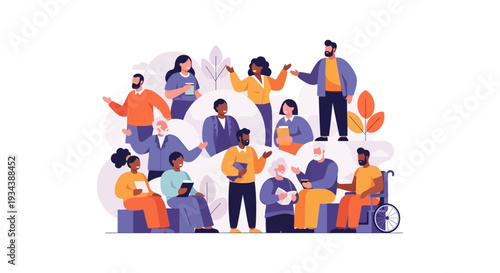 Diverse Group of People Interacting: Community, Inclusion & Communication. Multigenerational and Multicultural Crowd Illustration.