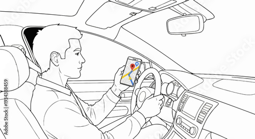 Man driving car, using navigation app on smartphone