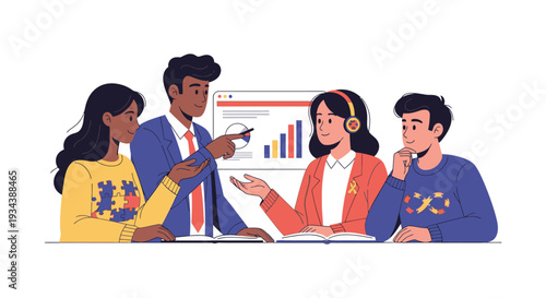 Diverse Team Collaboration: Business Professionals Discussing Data Analysis with Neurodiversity Inclusion & Awareness