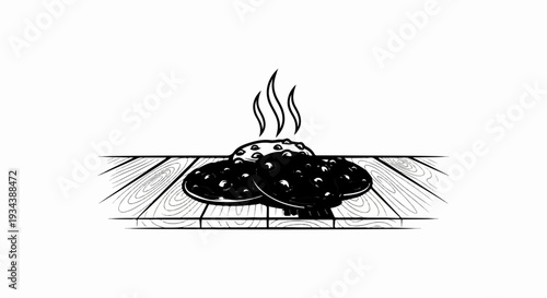 Freshly baked cookies with steam rising, on a wooden surface