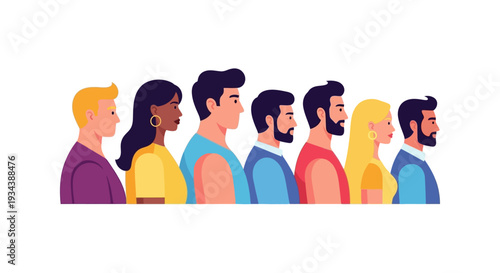 Diverse Community Profiles: Flat Vector Illustration of Multiethnic Group Standing in Row