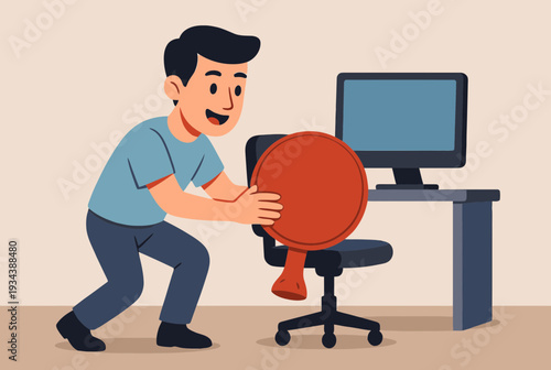Playful April Fool's Day Prankster Putting Whoopee Cushion on Office Chair Illustration