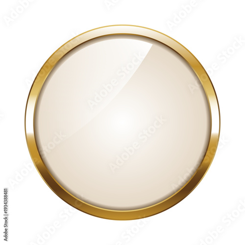 Circle gold frame with ivory white button. Winner award trophy badge coin. Metal golden circle medal. Quality certificate round sticker frame. Glossy badge shield label banner background.