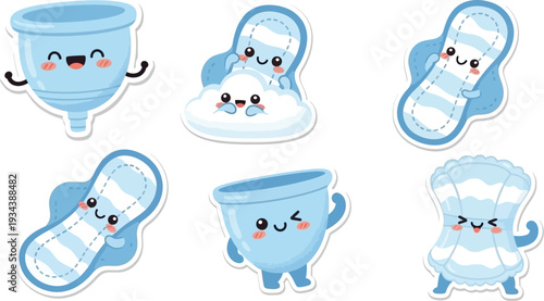 Collection of anthropomorphic feminine hygiene products including cups and pads showing.