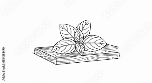 Illustration of fresh basil leaves resting on a wooden cutting board