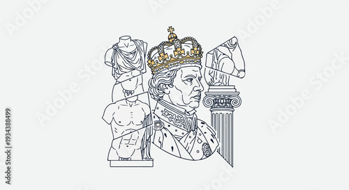 Line art king's portrait with classical sculptures, gold crown