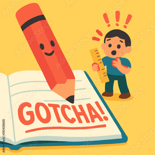 Giant Pencil Writing "Gotcha!" on April Fool's Day Notebook Scene