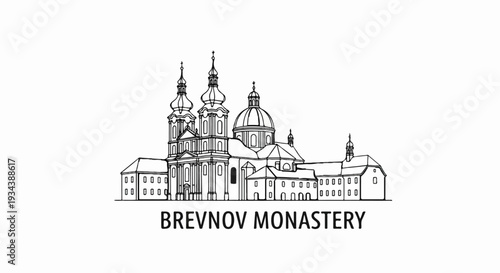 Ornate monastery with multiple domes and towers, sketch-style