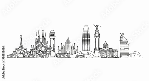 Line art sketch of famous city skyline with distinct modern and historical architecture