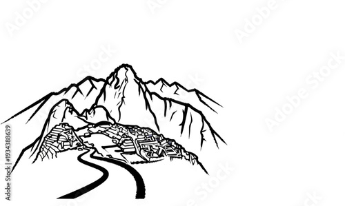 Ink sketch of ancient stone city nestled in a mountainous landscape