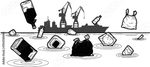Industrial port with a city skyline, ship, and water littered with trash