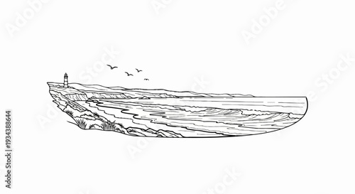 Line drawing of a coastline with a lighthouse, birds, and waves
