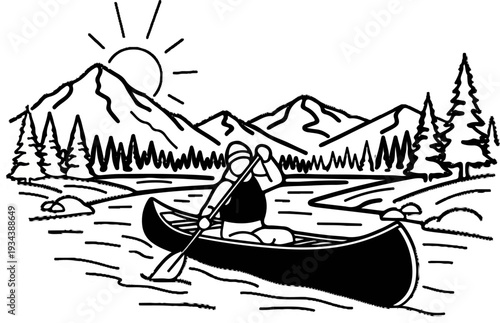 Person paddling canoe through river surrounded by mountains and trees