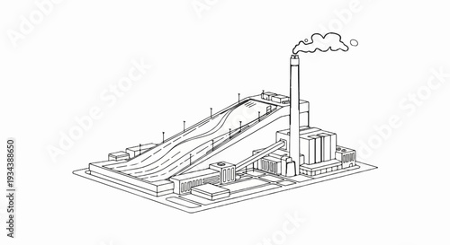 Line drawing of a futuristic industrial facility with a large smoking chimney