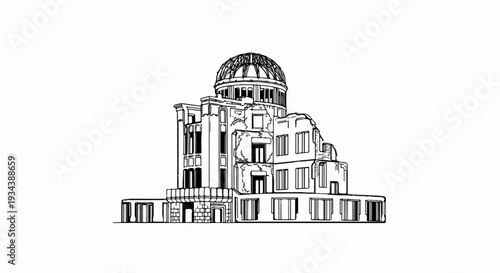 Line drawing of the damaged dome building
