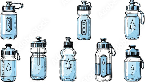 Various sports and reusable water bottles with measurement markings and liquid drop icons.