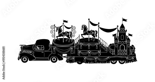 Vintage truck carrying pirate ship illustration