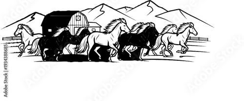 Herd of horses gallops past a barn with mountains in background