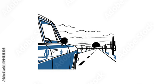 Classic car drives through a desert landscape at sunset